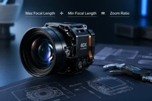 A 40X PTZ camera lens on a technical blueprint with text showing zoom specifications formula, surrounded by precise measuring tools.