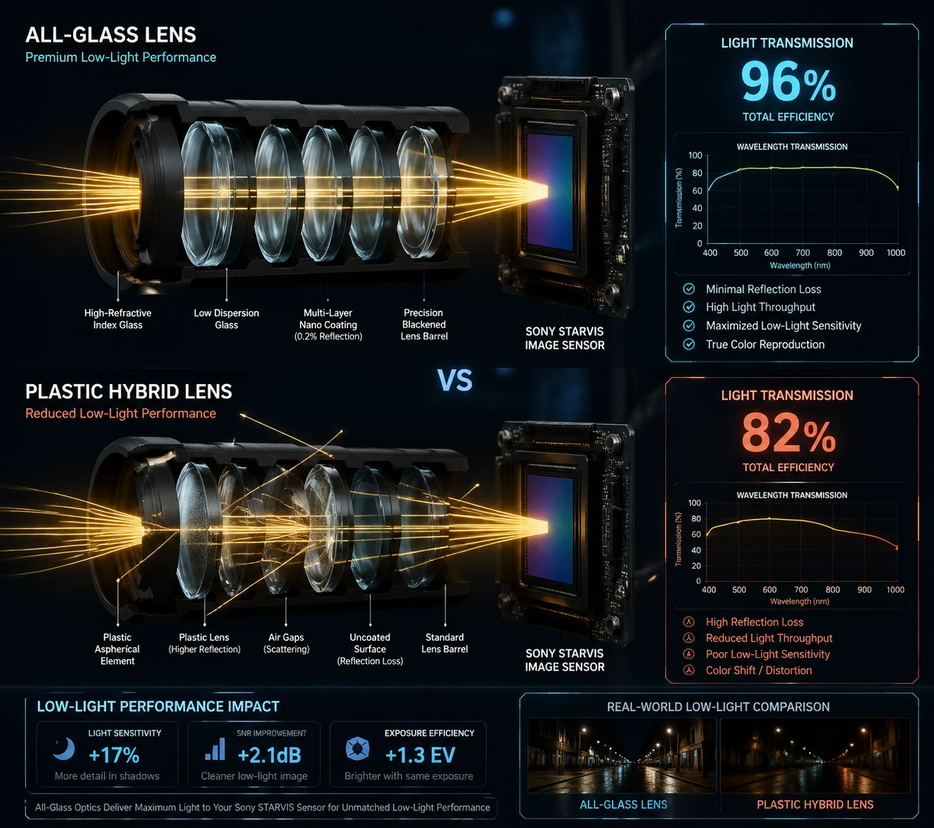 light transmission rate all-glass lens vs plastic hybrid PTZ camera