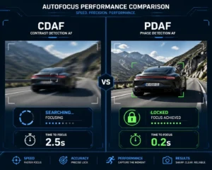 Side-by-side comparison of autofocus technologies showing CDAF with slower focusing at 2.5 seconds and PDAF with faster focusing at 0.2 seconds, featuring a sports car on a mountain road.
