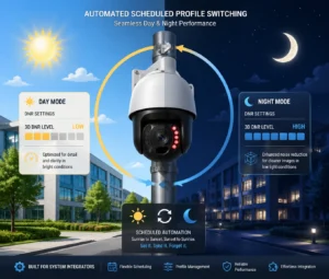 Surveillance camera showcasing automated day and night mode switching with DNR settings for high and low light conditions.