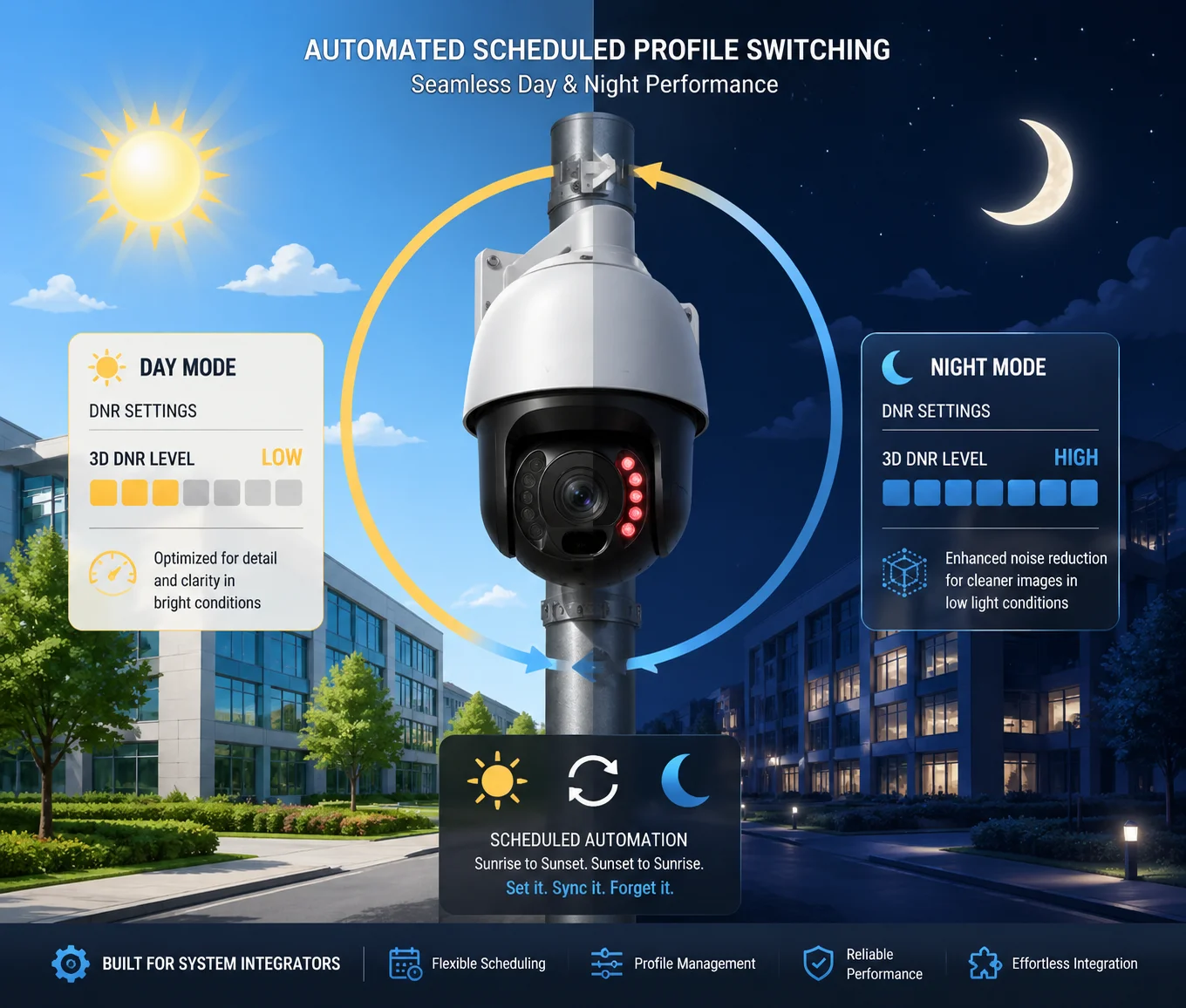 Day night noise reduction profile PTZ camera scheduling