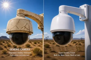 Side-by-side comparison of a degraded, yellowed security camera and a super durable white camera with a pristine finish in a sunny desert environment.