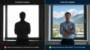 Side-by-side comparison of a person in front of a window using a standard camera with blown-out background versus a true WDR camera with balanced exposure and clear details.