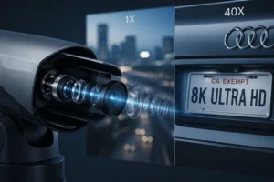 High-resolution camera lens with visible internal components illustrating zoom magnification from city skyline to plate at 1X and 40X.