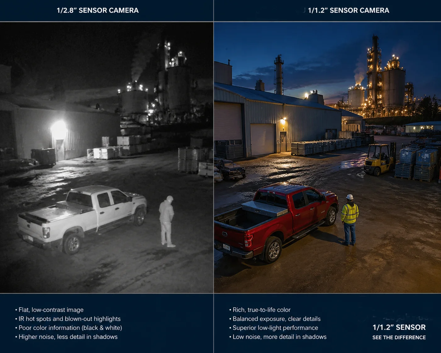 IR illuminator vs large sensor low light security camera comparison