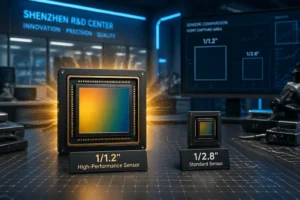 Two camera sensors displayed in a research lab: a 1/1.2-inch high-performance sensor glowing with emphasis, compared to a smaller 1/2.8-inch standard sensor, with a monitor showing data contrast.
