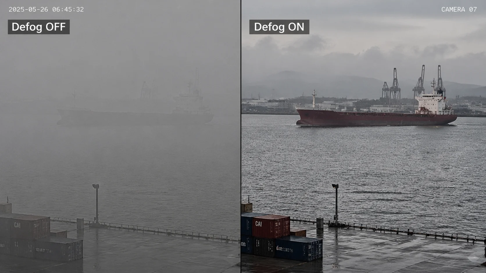 Before and after defog comparison on coastal security camera