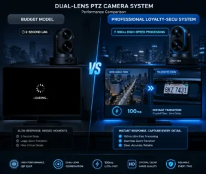 Comparison of a budget dual-lens PTZ camera with a professional high-speed PTZ camera system, highlighting differences in performance like processing speed and image quality.