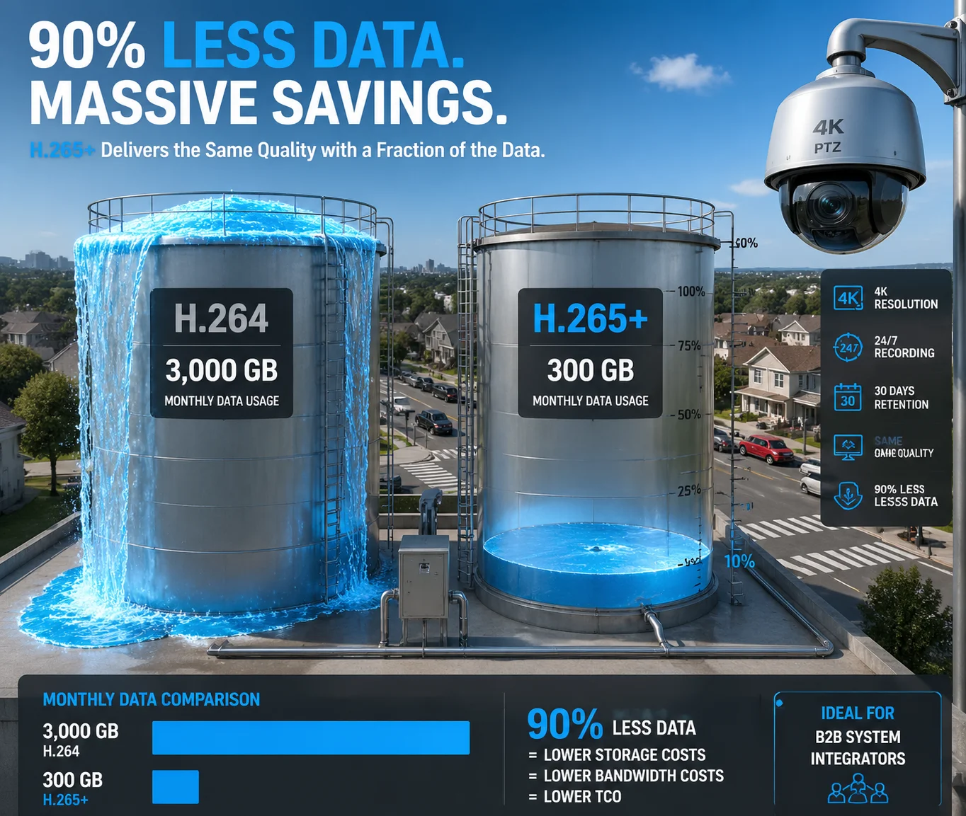 4G data savings comparison H.264 vs H.265 vs H.265+ PTZ camera