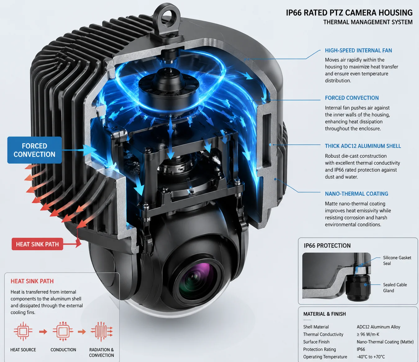 PTZ camera internal fan and passive heat sink design