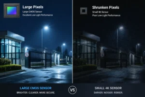 Side-by-side comparison of large CMOS sensor and small 4K sensor, showing brighter, clearer image versus darker and noisier image in low-light conditions.