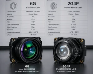 Two camera lenses, a 6G all-glass lens and a 2G4P hybrid lens, displayed side by side with technical specifications shown in the background.
