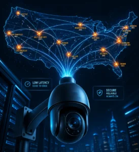A surveillance camera in a data center with a USA map overlay showing connected cities, highlighting low latency and secure network capabilities.