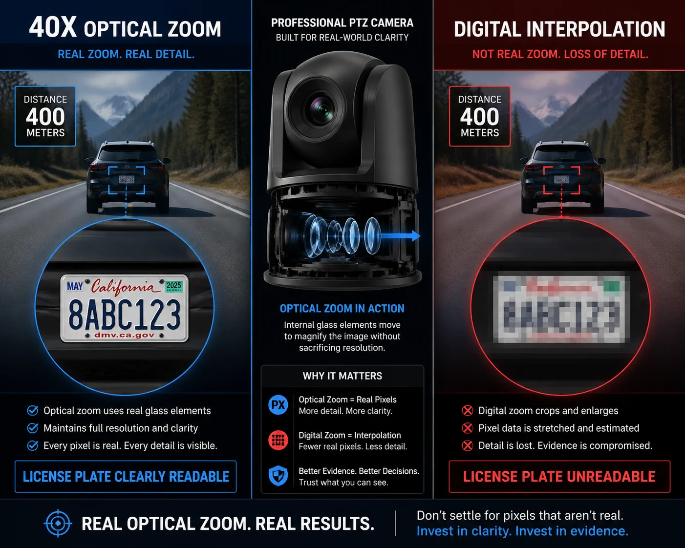 Optical zoom vs digital zoom in 40X PTZ cameras