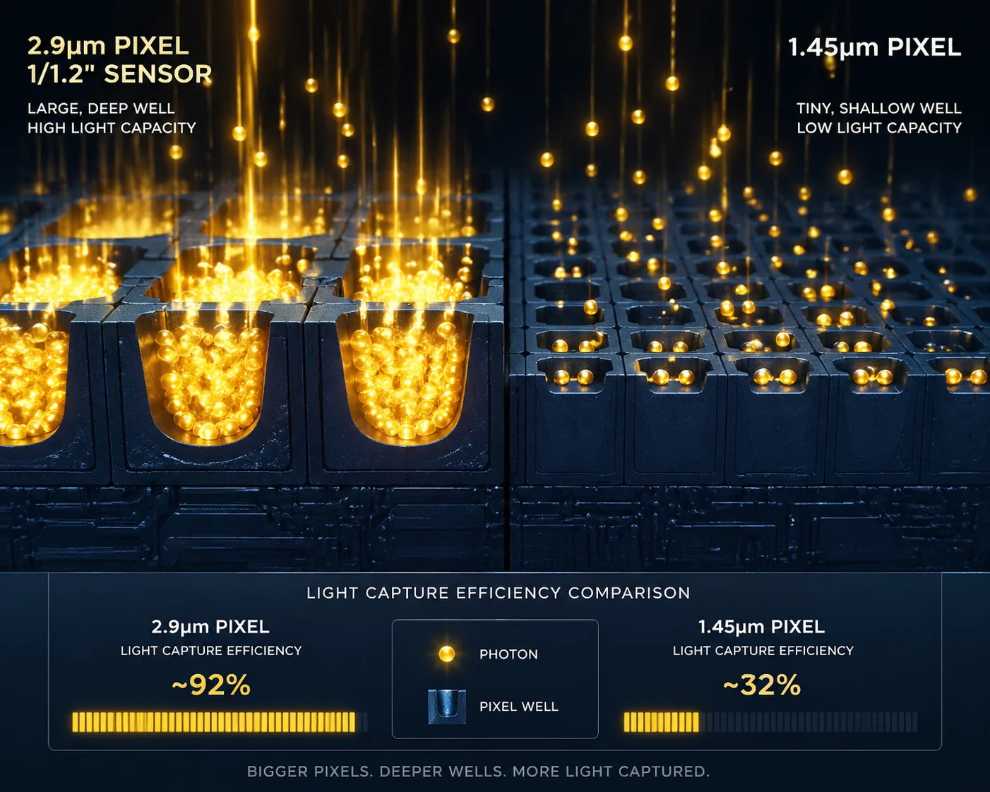 Comparação entre o sensor de 1/1,2 polegada e o sensor de 1/2,8 polegada para captura de luz