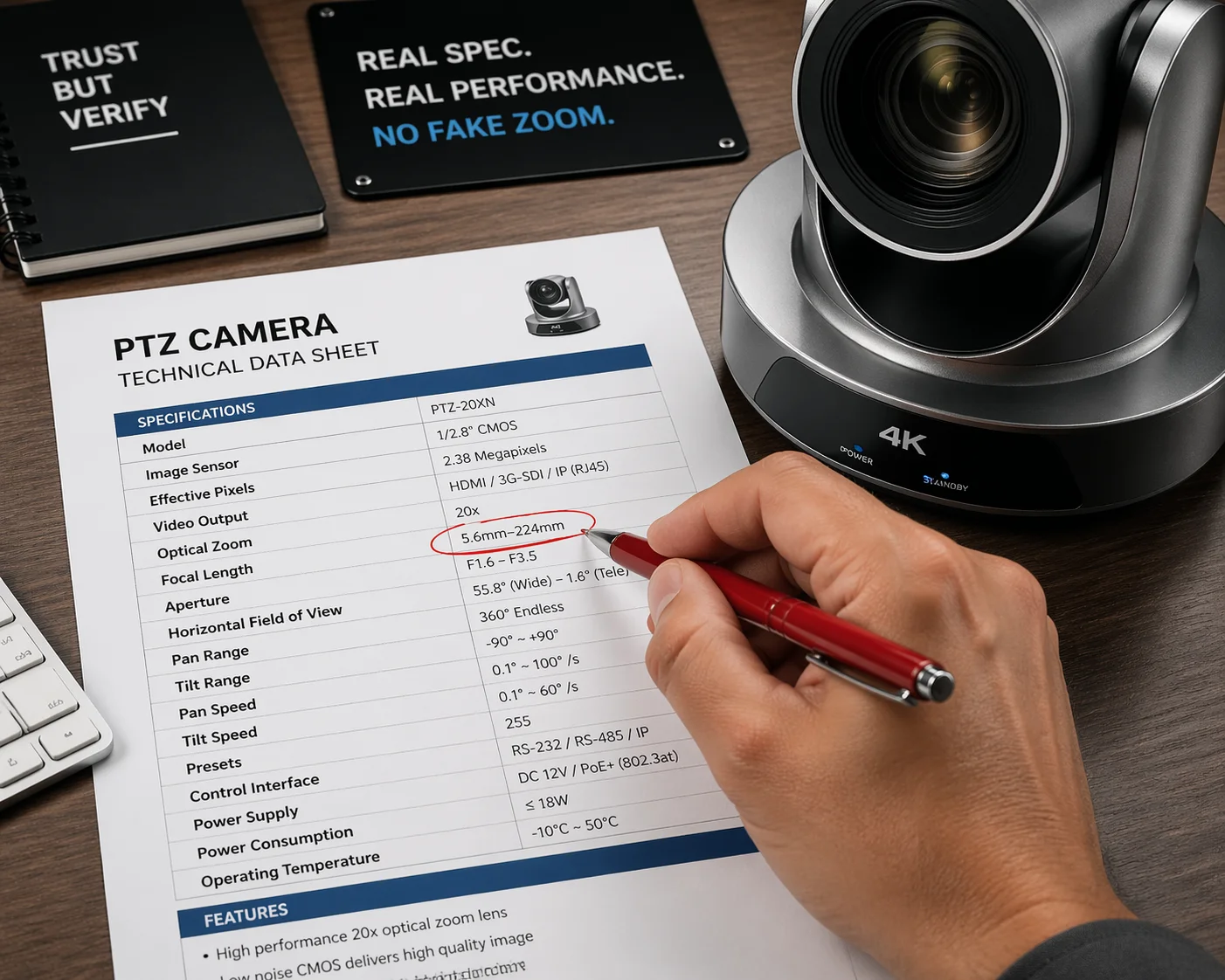 how to identify fake zoom claims PTZ camera data sheet