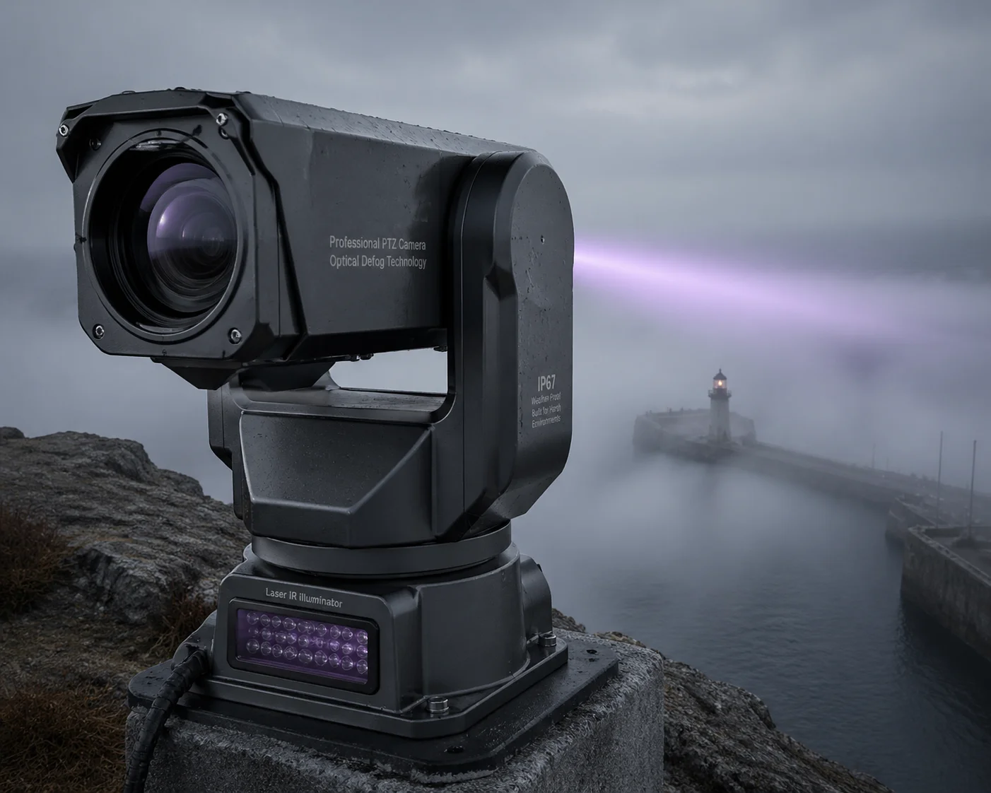 Optical defog PTZ camera for maritime and harbor surveillance