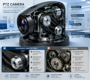Exploded view of a PTZ camera showcasing its high-precision drive system components, including a brushless motor, reinforced timing belt, and robust bearing system.