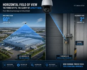 Infographic comparing wide-angle and telephoto field of view capabilities of a PTZ security camera. Features include a 60° horizontal FOV for wide-area coverage over industrial buildings and a focused 2° horizontal FOV for detailed image capture at 100 meters.