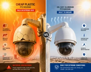 Side-by-side comparison of a degraded plastic PTZ camera housing and a durable die-cast aluminum PTZ housing, highlighting their performance in extreme heat.