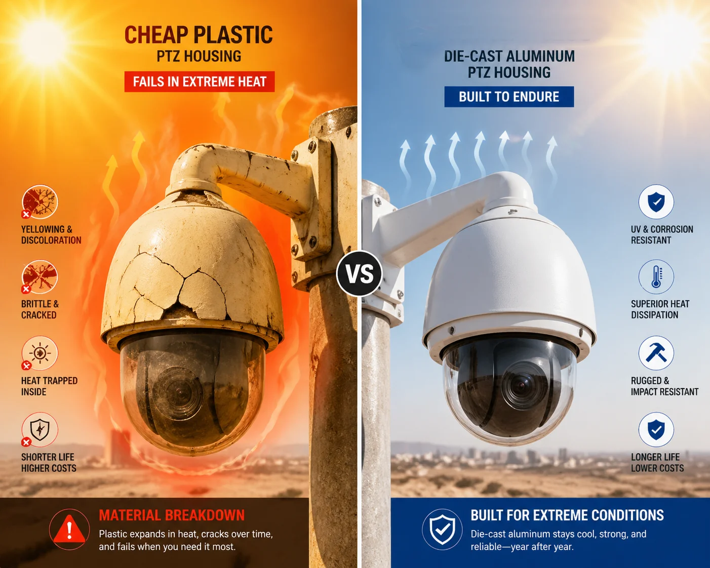 die-cast aluminum vs plastic PTZ housing coastal comparison