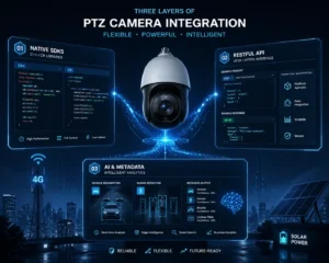 Infographic showcasing PTZ camera integration with native SDKs, AI analytics, RESTful APIs, and solar power integration for advanced surveillance.