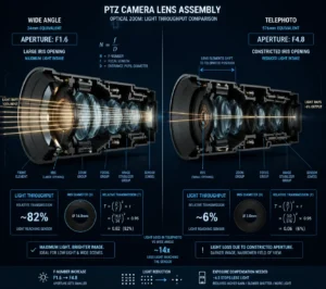 Detailed PTZ camera lens assembly comparison showing wide-angle and telephoto lens setups, including aperture, light throughput, and construction.