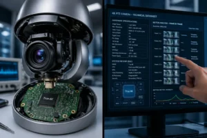 An open PTZ camera showcasing internal hardware and circuit board labeled 'True 4K,' alongside a screen displaying its technical datasheet and motion analysis.