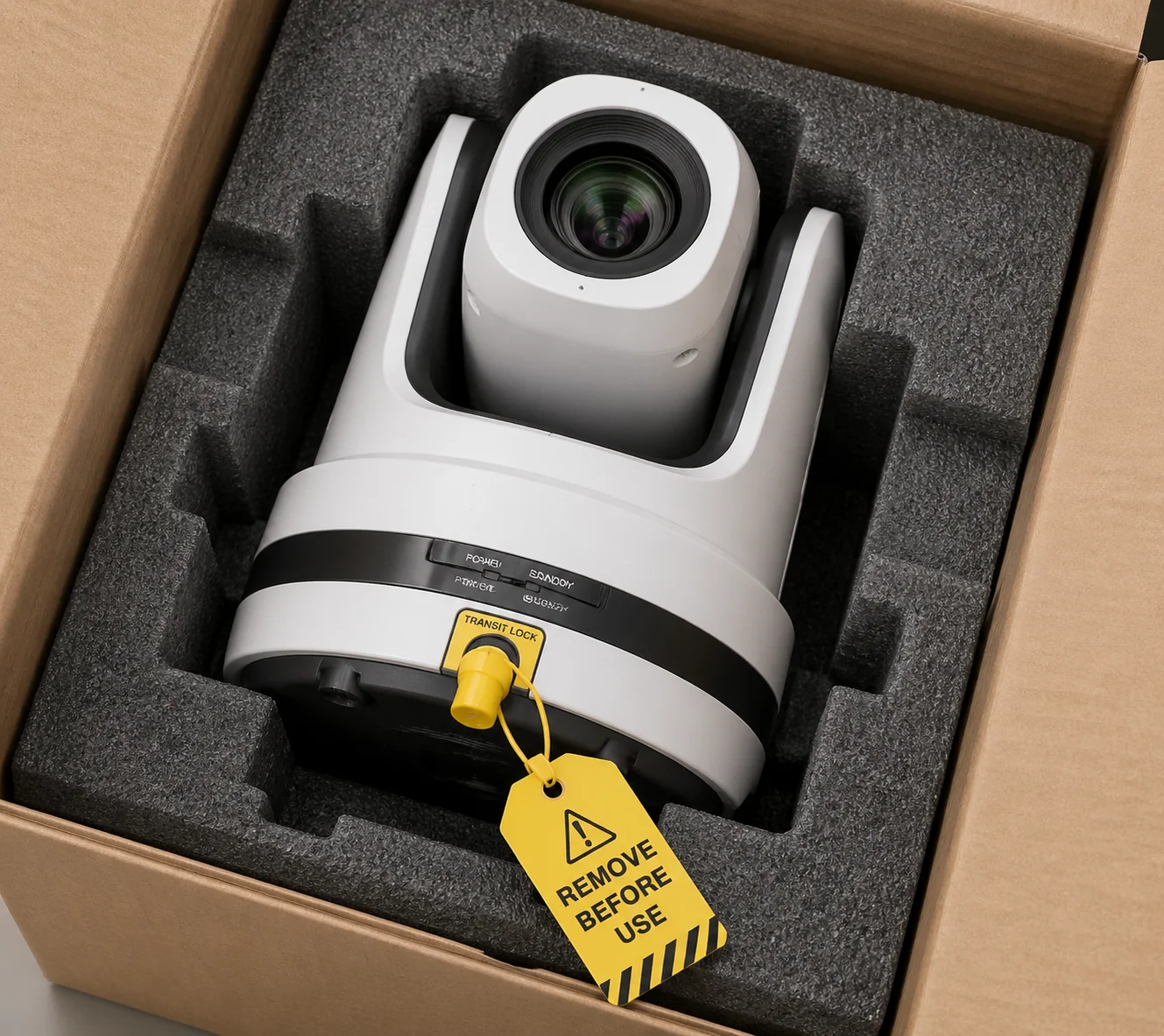 PTZ camera transit lock mechanism shipping protection