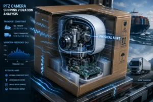 PTZ camera displayed with internal components, illustrating vibration impact analysis during shipping via sea and truck transport, with potential risks highlighted.