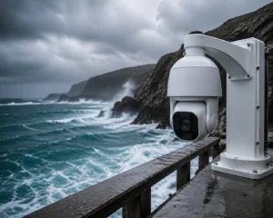 A white security camera mounted on a rail overlooking stormy coastal waters with waves crashing against rugged cliffs under an overcast sky.