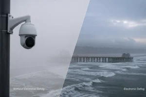 Split view showing a security camera's perspective with and without electronic defog. A coastal pier is visible clearly in fog-free view.