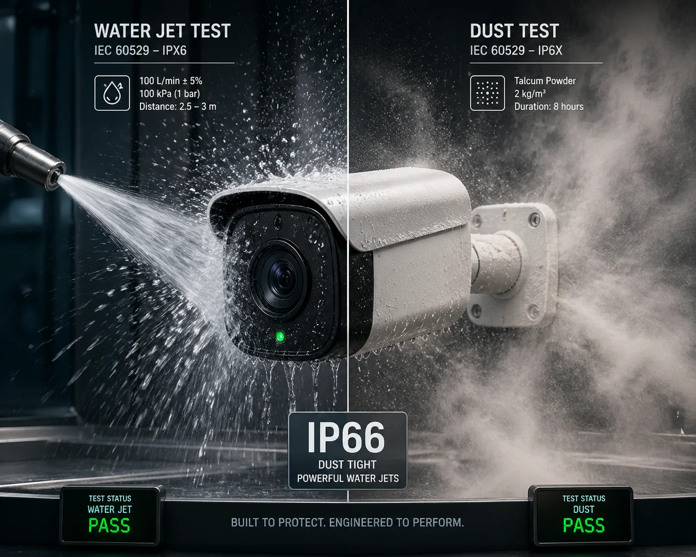 PTZ camera IP66 high-pressure water jet dust test