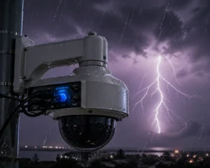 A security camera mounted on a pole in heavy rain with bright lightning striking in the background and a nighttime cityscape visible.