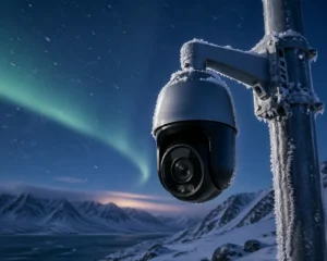 Close-up of a security camera mounted on a frosty pole in a snowy mountainous region with the northern lights illuminating the sky.