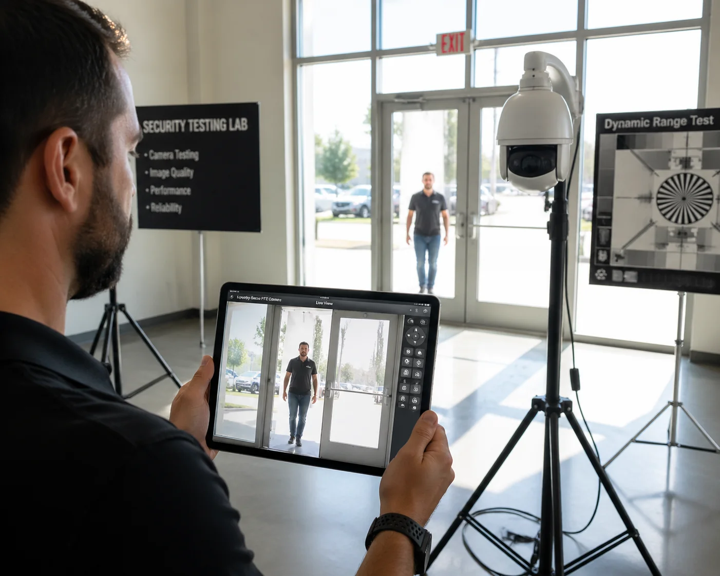 Side by side WDR test with person standing in front of bright window
