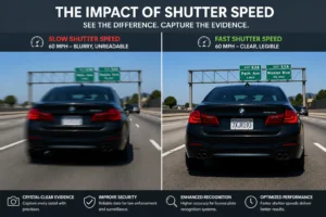 Side-by-side comparison of slow and fast shutter speed effects on a car's license plate clarity at 60 MPH. Slow shutter speed results in blurry text, while fast shutter speed provides sharp, legible details.