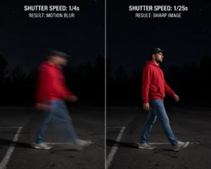 Side-by-side comparison of a person walking in a red hoodie under a starry night sky. One side shows motion blur capturing at 1/4s shutter speed and the other shows a sharp image at 1/25s shutter speed.