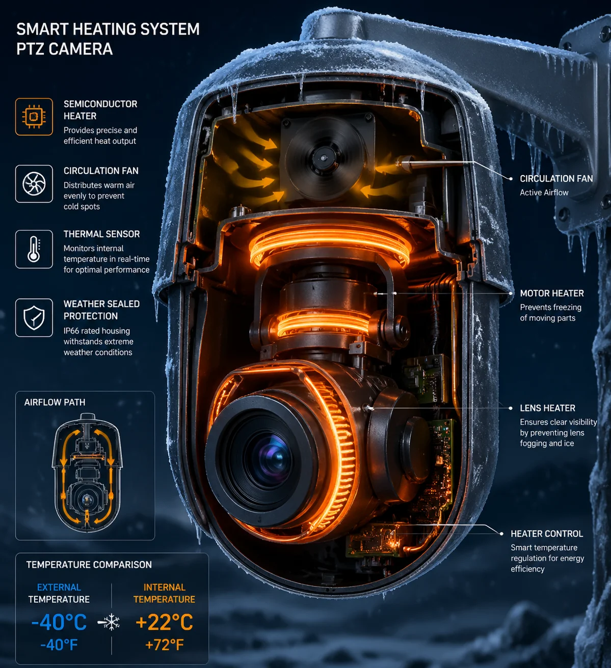PTZ camera built-in heater system for sub-zero operation