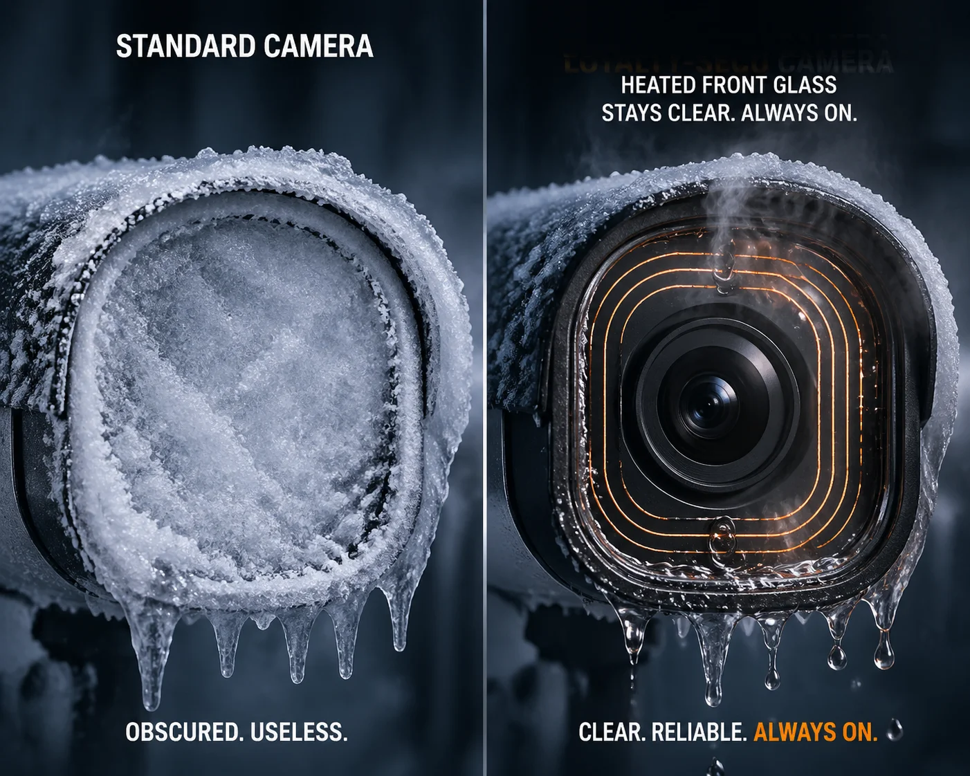 Frozen PTZ camera lens in extreme cold conditions