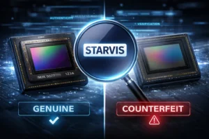Two image sensors highlighting the difference between genuine and counterfeit Starvis technology, with a magnifying glass in focus.