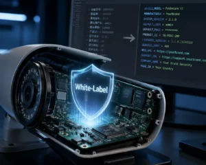 Disassembled security camera showing internal hardware alongside a screen with system information and white-label branding.