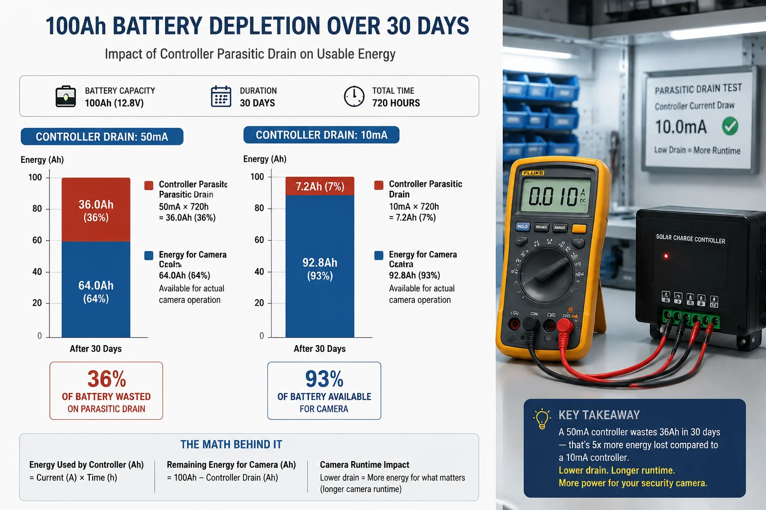 Consumo de batería de 100Ah, controlador solar, autodescarga mensual