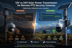 Side-by-side comparison of 12V and 24V solar power transmission systems for remote PTZ security cameras, focusing on voltage stability, distance, and performance over rugged landscapes.