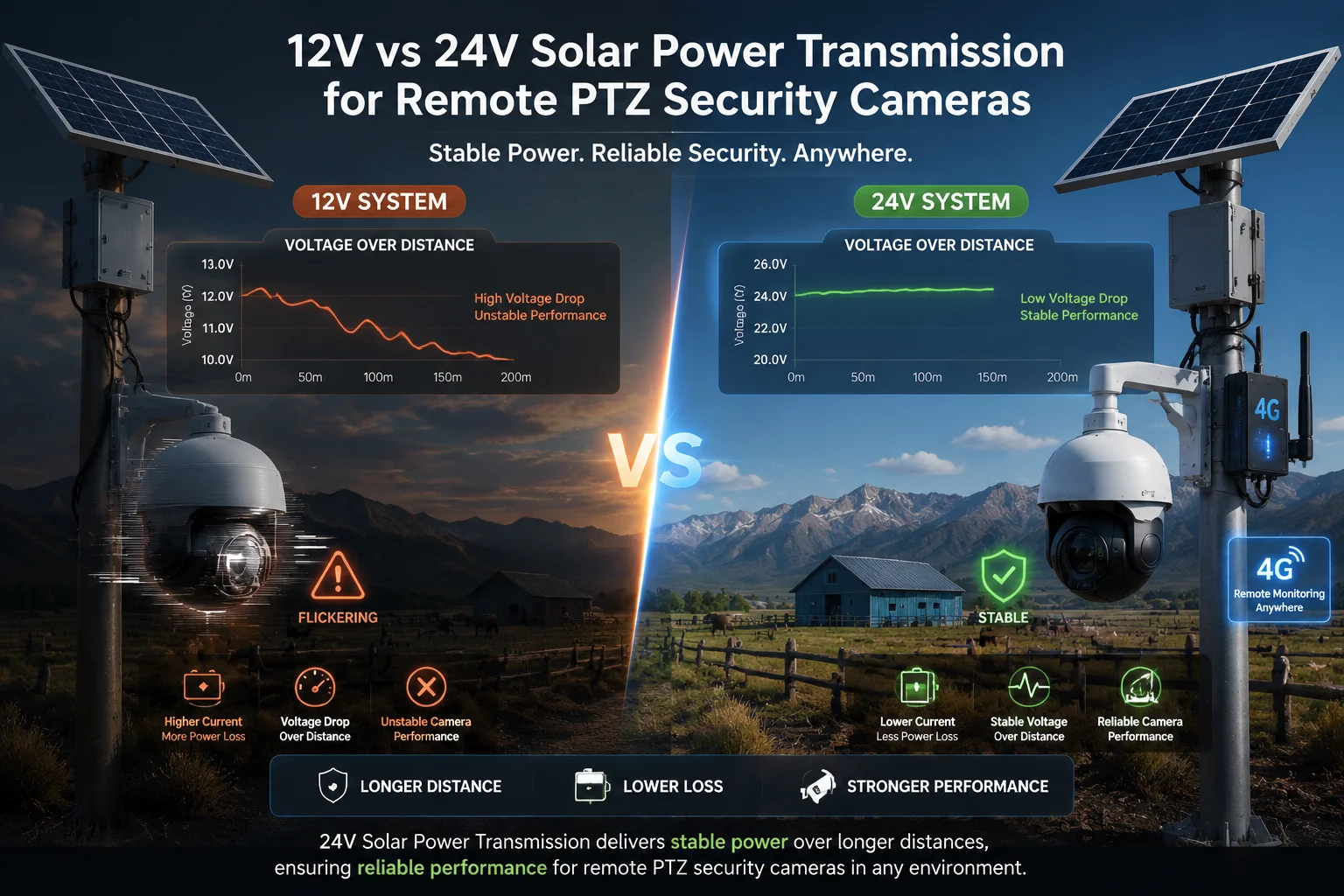 Vergleich der Spannung von Solar-PTZ-Kameras 12 V vs. 24 V Übertragungseffizienz