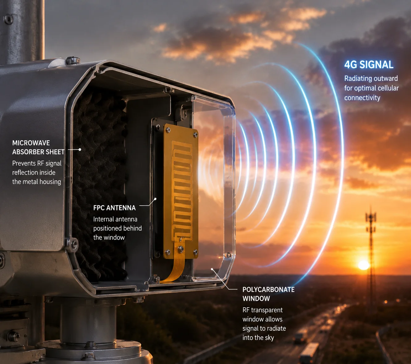 Internal antenna radiation through metal PTZ camera body
