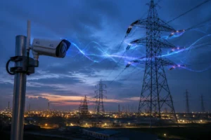 A 4G-enabled security camera mounted on a pole monitoring power grid towers during dusk, with visualized blue energy streams.