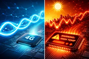Split screen showing a 4G chip with blue glowing waves on the left and an overheating chip with warning lights on the right.