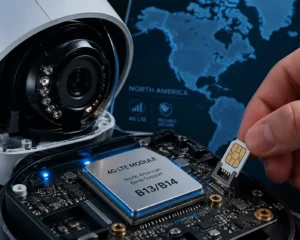 A close-up of a 4G LTE module labeled B13/B14 being fitted with a SIM card, mounted inside a surveillance camera with a background map.