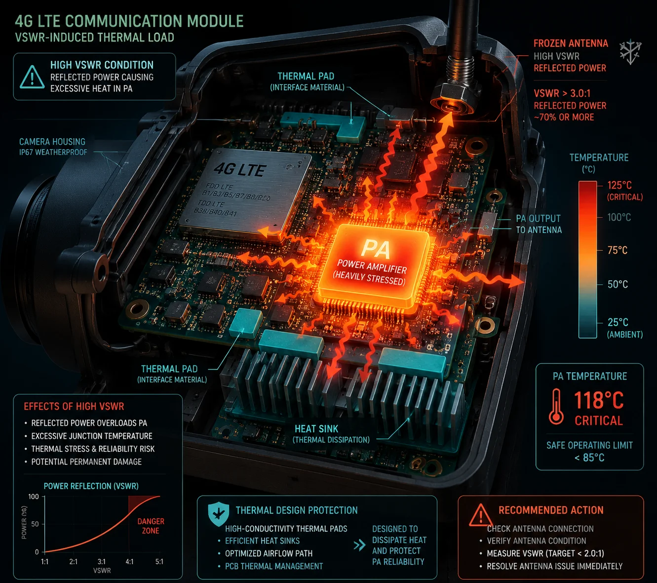 4G module overheating due to reflected power from frozen antenna